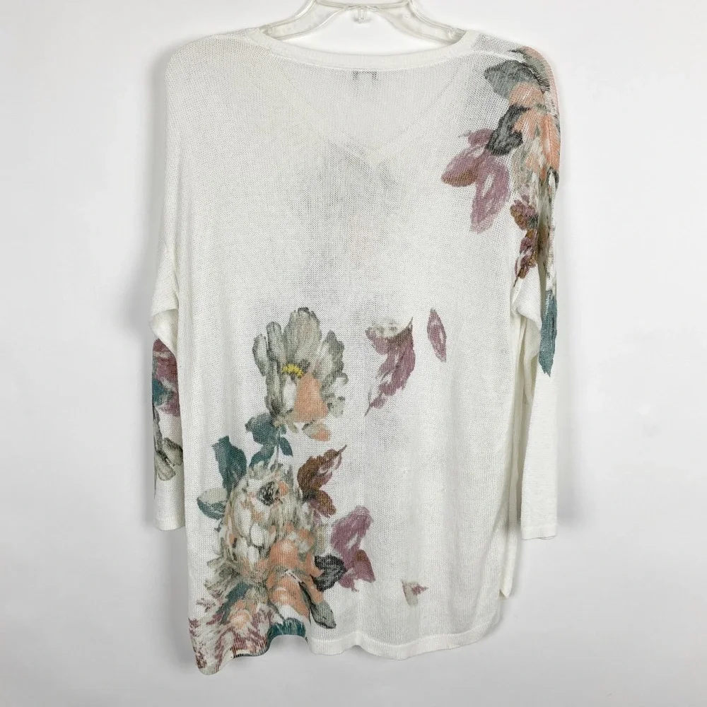 J. Jill Floral Linen Blend V-Neck 3/4‎ Sleeve Knit Sweater Women Small White